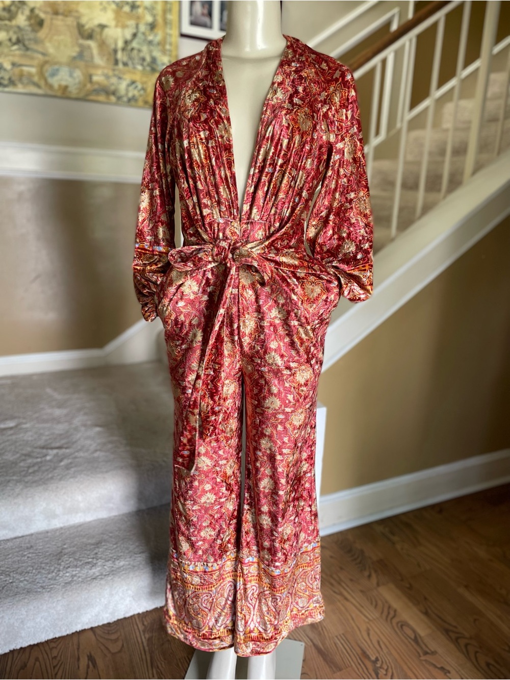 Free People Velvet Jumpsuit Tie Front Bohemian red gold Harper Paisley Small/Med